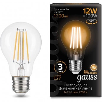 Лампа GAUSS FILAMENT А60 12W 1200lm 2700К Е27 LED Лампа GAUSS FILAMENT А60 12W 1200lm 2700К Е27 LED