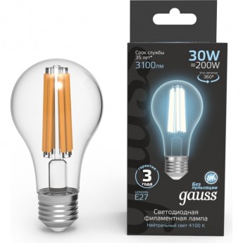 Лампа GAUSS FILAMENT А70 30W 3100lm 4100К Е27 LED Лампа GAUSS FILAMENT А70 30W 3100lm 4100К Е27 LED