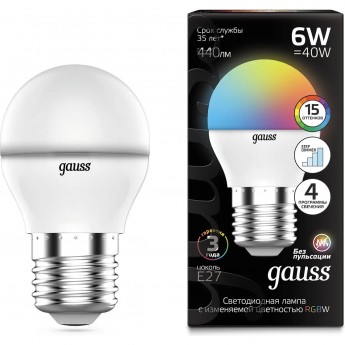Лампа GAUSS Шар G45 6W E27 RGBW+димирование LED Лампа GAUSS Шар G45 6W E27 RGBW+димирование LED